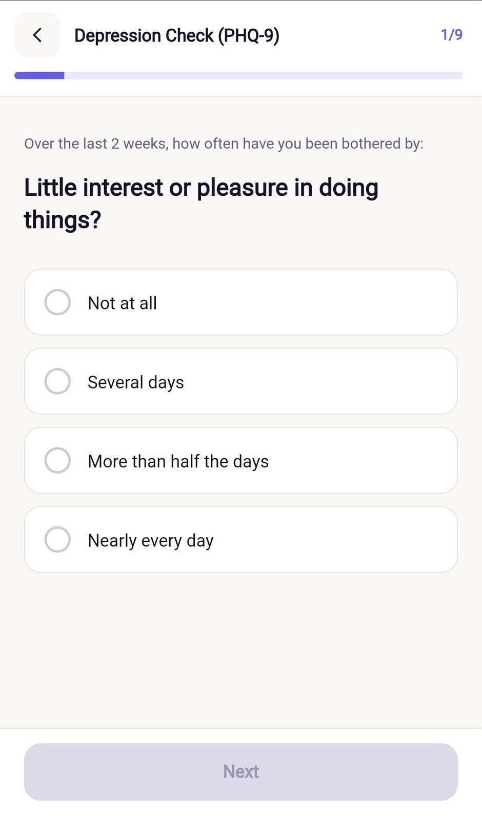 Self assessment screen